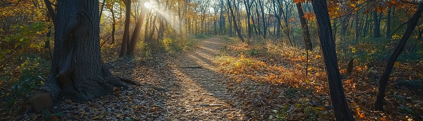 Fototapeta premium scenic trail through autumn forest, featuring vibrant foliage and sunlight filtering through trees, creating serene atmosphere