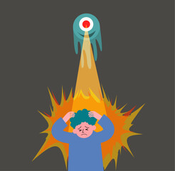 地球外生命隊（エイリアン）からビームの攻撃を受ける若い男性のイラスト