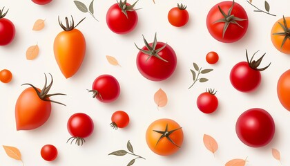 Hand-drawn tomatoes with vibrant red and orange tones on an off-white background with faint leaf patterns.