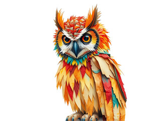 Colorful owl made from paper craft displayed artistically in a bright studio setting during the daytime