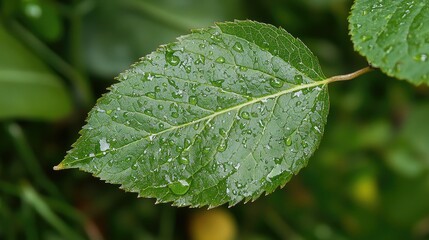 A single green leaf covered in raindrops.