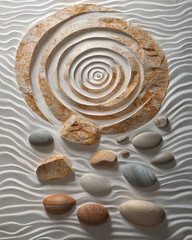 Naklejka premium A photo-realistic image of an intricately arranged spiral pattern made from stones and pebbles on a sandy beach. Generative AI