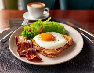 Fried egg with bacon on a sandwich, salad and coffee. English lunch in restaurant