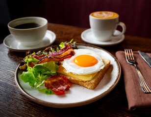 Fried egg with bacon on a sandwich, salad and coffee. English lunch in restaurant