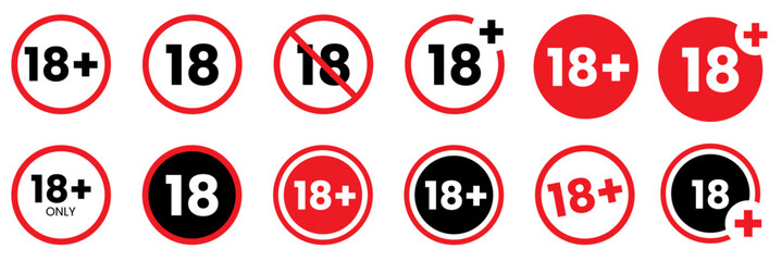18+ Plus icon. under 18 years old age limit circle sign symbol set