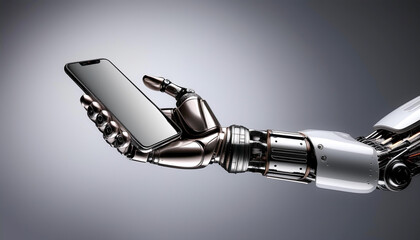 AI robot arm holding a smartphone with white screen, with a clean white design that mimics a human hand
