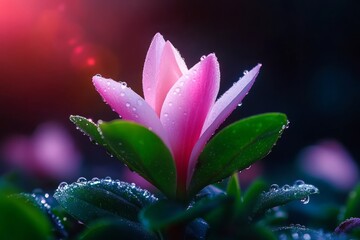 Fototapeta premium Beautiful pink flower surrounded by dew mesmerizing nature close up