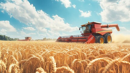 Obraz premium Modern combine harvesters reap wheat crops on a sunny summer day, separating the grain from the stalks.
