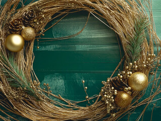 A detailed gold wreath decorated with pinecones, golden ornaments, and pine branches, displayed on a rich green background.