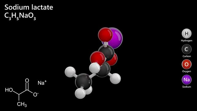 Sodium Lactate. E325. Animated 3D model of a molecule. Molecular formula: C3H5NaO3. Chemical model: Ball and stick. Black background. 3D rendering. Seamless loop.