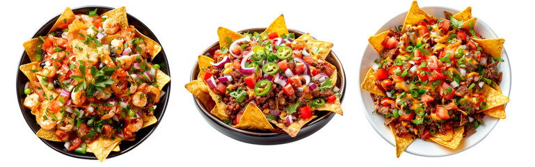 Heap of loaded nachos with beef, cheese, tomatoes, and onions isolated on white transparent background.