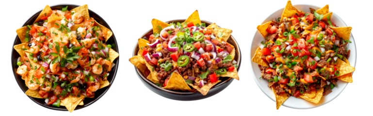 Heap of loaded nachos with beef, cheese, tomatoes, and onions isolated on white transparent background.