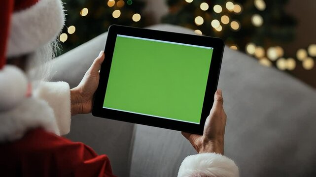 Hands of Santa Claus holding black tablet with green screen. Chroma key. 