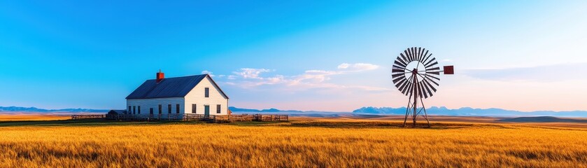 Obraz premium Dynamic windmill spins gracefully beside a rustic farmhouse in a golden field under a bright blue sky.