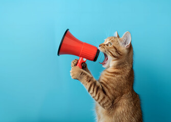 funny image of a tabby kitten holding megaphone against a blue background, perfect for use in marketing, communication, and advertising campaigns that emphasize playful, attention-grabbing messaging