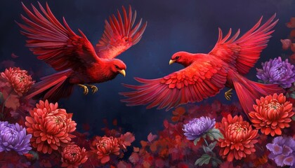 Phoenixes with fiery red and gold feathers flying among ornate chrysanthemums, against a deep indigo background.