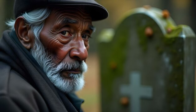 Black widower man visiting a grave in a graveyard