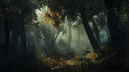 Fototapeta premium Dense forest with tall autumn trees, sunlight filtering through leaves, creating serene and mystical atmosphere. scene evokes sense of tranquility and connection to nature