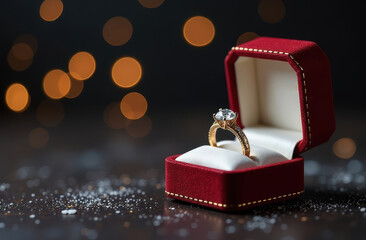 A beautiful gold ring featuring a striking diamond stone is elegantly placed inside a striking red box, present for New Years Eve, Christmas and winter holidays