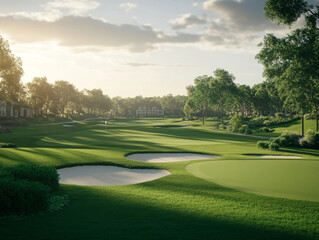 serene sunset casts warm glow over pristine golf course, highlighting lush green fairways and sand bunkers surrounded by trees.