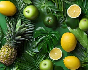 Refreshing summer flat lay featuring tropical fruits, green leaves, and exotic floral accents.