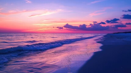 Tranquil beach sunset captures vibrant sky colors reflecting serenity, perfect for evoking a peaceful atmosphere. The beach scene highlights the allure of sunset hues, ideal for relaxation themes.