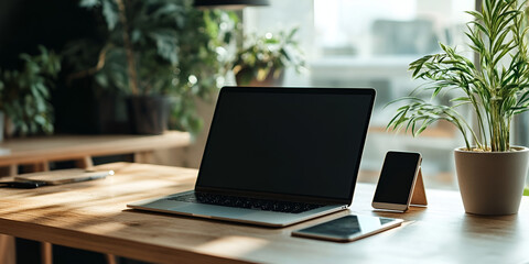 Fototapeta premium Workspace with Laptop and Smartphone on Desk on Transparent Background