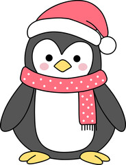 Cute Penguin in Santa Hat Scarf Christmas Winter Holiday Animal Illustration