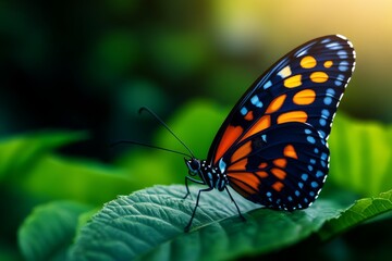 Colorful butterfly resting on green leaf serene nature close up
