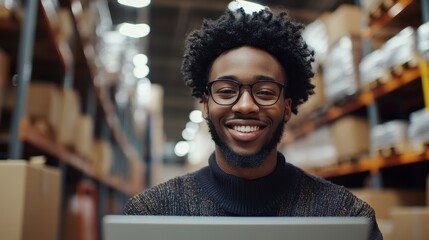 Smiling man in warehouse with laptop. This image represents a worker with a friendly demeanor, promoting positive aspects of work in a warehouse.