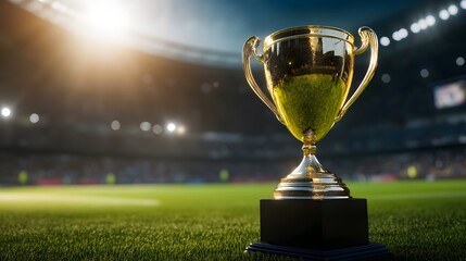 Golden Trophy on Grass with Stadium Background
