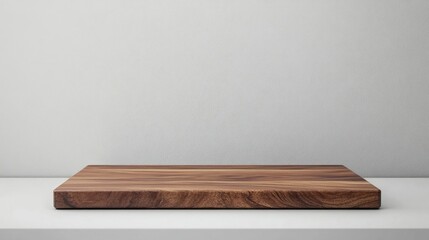 A solid wood serving board rests elegantly on a white table, creating a perfect setting for culinary presentation. This solid wood serving board offers a versatile backdrop with ample copy space.