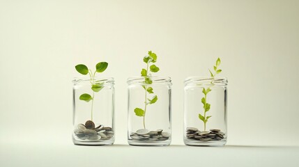 Growing Money: Plants Sprouting from Coins in Jars - A Symbol of Investment and Financial Growth