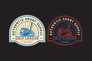 putter golf club with glint line retro badge logo design set for golfer, golf club, professional team, sport and tournament. putter golf stick with sunburst emblem illustration logo