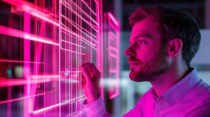 Entrepreneur brainstorming on glass board, bright neon lines, modern corporate setting, focused expression