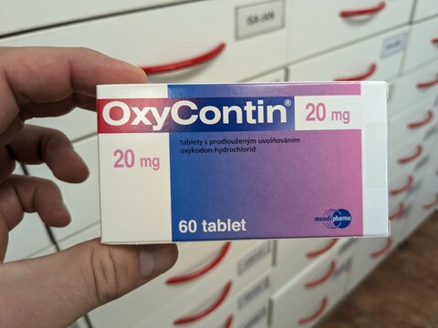 Prague,Czech Republic-November 8 2024:OXYCONTIN box of medication with OXYCODONE active substance by PURDUE PHARMA,used for treatment of chronic pain