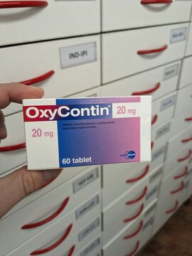 Prague,Czech Republic-November 8 2024:OXYCONTIN box of medication with OXYCODONE active substance by PURDUE PHARMA,used for treatment of chronic pain