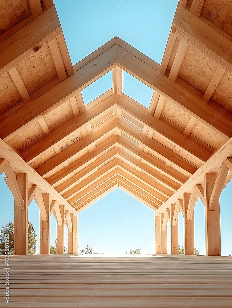 Wall mural Wooden roof that is currently being built, roof made of wood