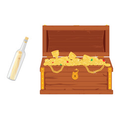 Old treasure pirate chest and glass bottle with treasure map