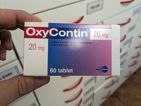 Prague,Czech Republic-November 8 2024:OXYCONTIN box of medication with OXYCODONE active substance by PURDUE PHARMA,used for treatment of chronic pain