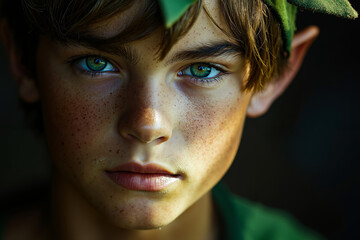 A young boy with green eyes and a green leaf on his head