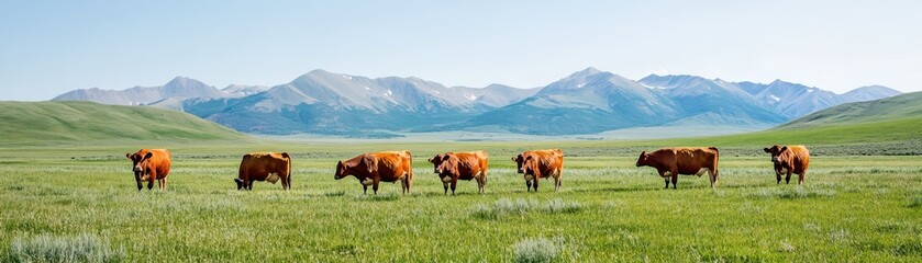 Naklejka premium Cows Grazing Freely on Organic Pasture: A Symbol of Humane Farming Practices and Sustainable Agriculture.