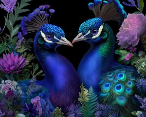 Fototapeta premium Elegant peacocks in shades of emerald and sapphire, surrounded by intricate floral patterns on a rich black background.