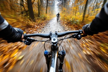 A first-person view of a cyclist riding on a forest trail. This photo illustrates the thrill of mountain biking.