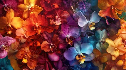 A vibrant collection of multicolored orchids highlights an array of flower types, offering a captivating visual of unique orchid beauty with ample space for text or design.
