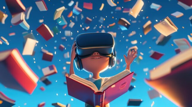 A cartoon 3D character wearing a VR headset, surrounded by floating virtual books and learning materials, engaging with an educational virtual environment.