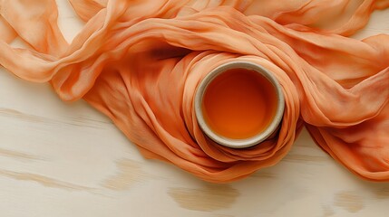 A Cup of Tea on a Wooden Table, Wrapped in Orange Silk