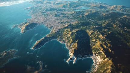Obraz premium Aerial view of a sprawling coastal city with green hills and blue waters.