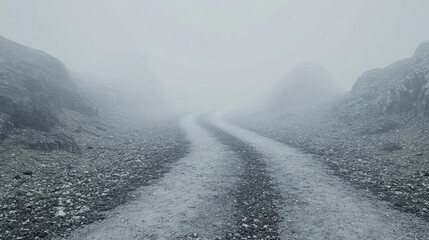 A textured gravel road meanders through foggy mountain chains, inviting exploration into its...