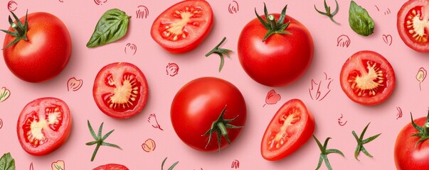 Juicy whole tomatoes and slices on a light coral background, enhanced with minimal botanical sketches.